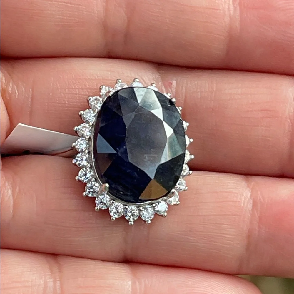 NWT Natural Sapphire 16X13mm CZ accents Statement Ring S10 Unheated/ Untreated - Picture 13 of 14